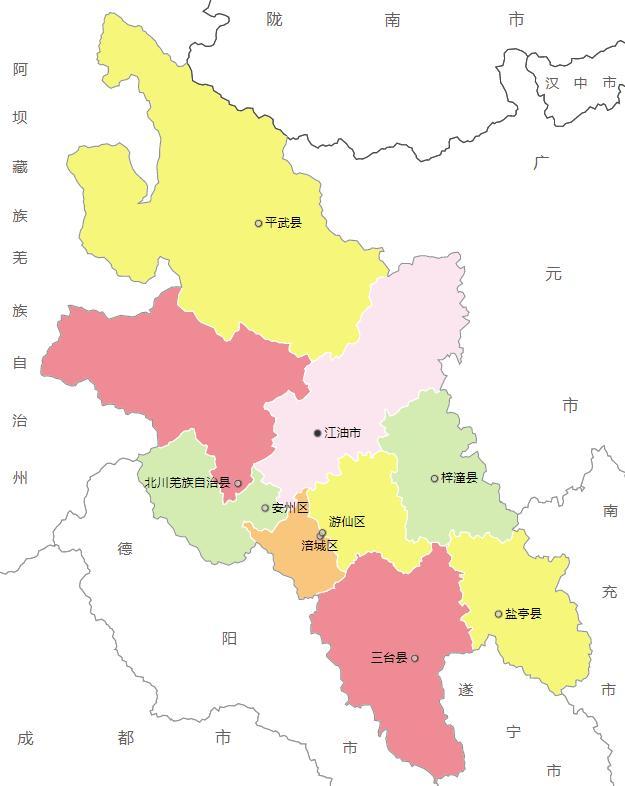 下面是四川省的分地级市行政区划地图,绵阳市位于省会的北侧.
