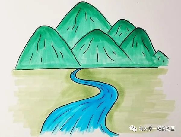 每天学一幅简笔画-高山流水的简笔画画法步骤教程
