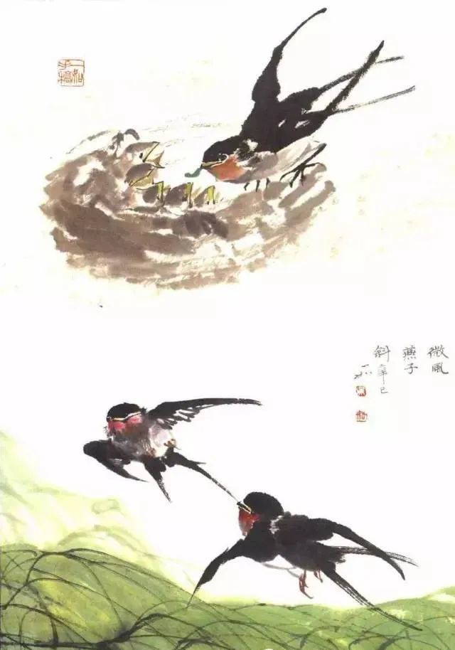 国画燕子的画法 1, 浓墨侧锋竖笔画头部; 2, 接头部画一横笔是燕子的