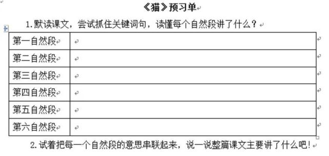 在进行《猫》一文的教学之前,在预习单中,可以设计这样的一张表格,让