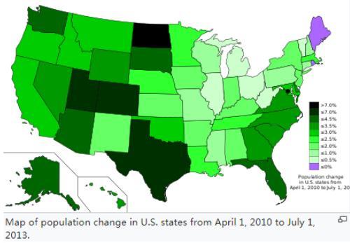 美国人口变化图(2010年—2013年,颜色越深的州人口增加越多