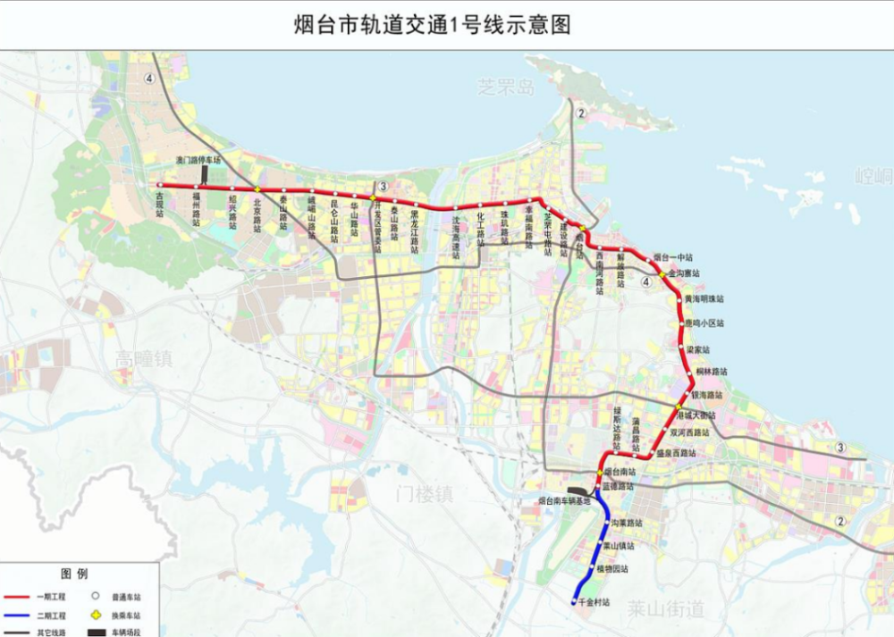 地铁一号线最新规划图,经过开发区,芝罘区,莱山区这些地方!