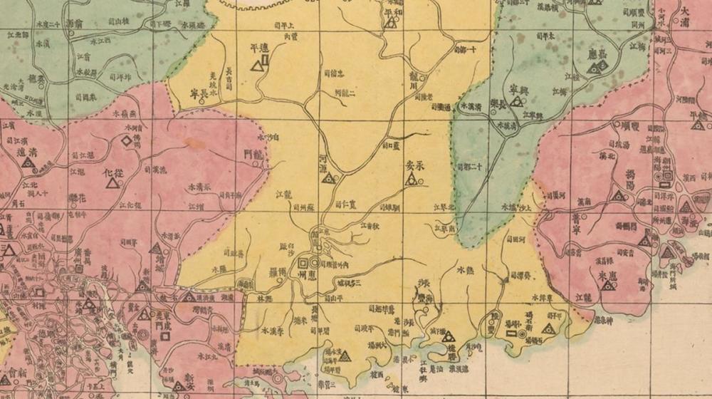 描绘清代光绪年间广东全省的河流分布及行政区域的地图广东全省水陆