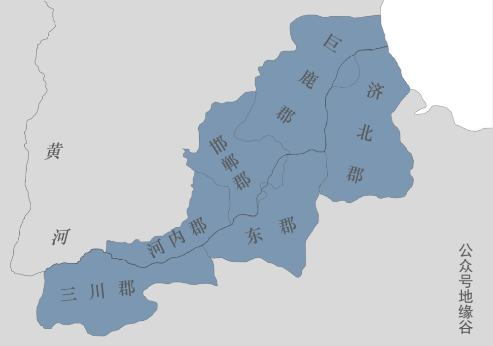 依此为界,大河南岸自西至东为三川郡,东郡与济北郡,北岸则依次是河内
