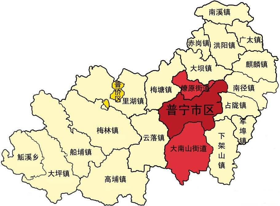 广东省县级普宁市行政区划图