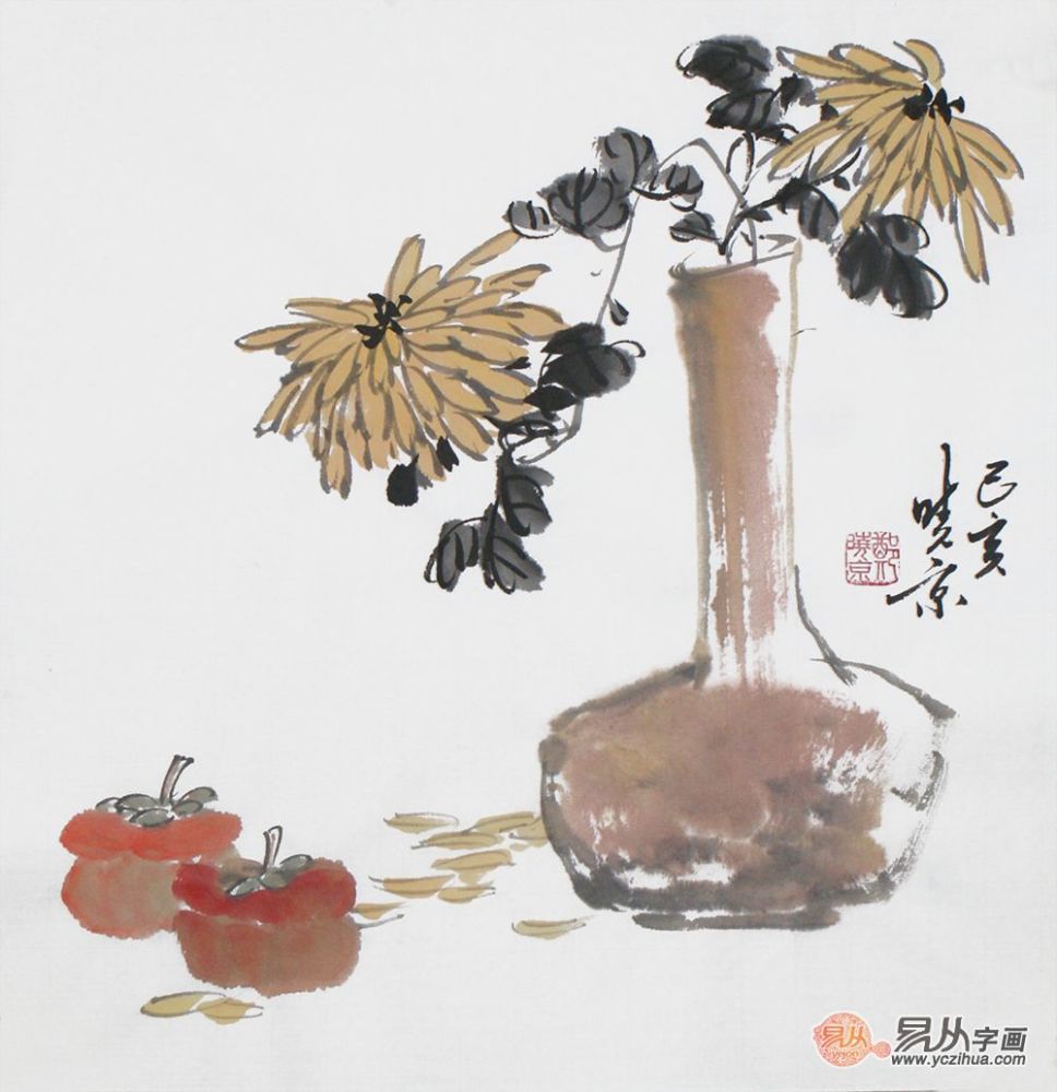 郑晓京老师吉祥斗方花鸟画新作《瓶菊柿》(作品选自:易从网)