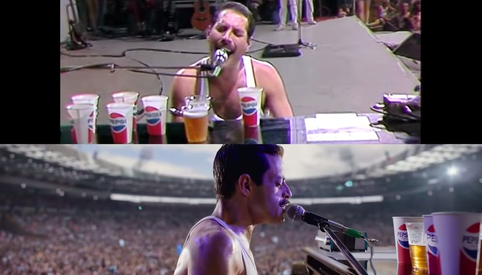 当年freddie 在live aid图(上)和皇后乐队传记电影《波西米亚狂想曲》