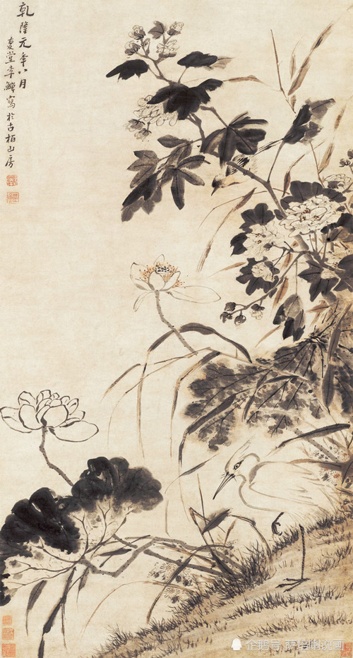采用破笔泼墨技法,强调自然真实感,李鱓绘花鸟画《荷塘白鹭》
