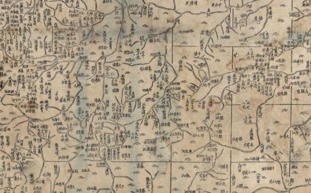 描绘清代贵州省行政区划境内河道沿及湖泊等分布地图《贵州全图》