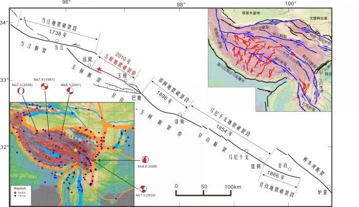 蓝色与红色圆点代表地震;右上图中,蓝色线条代表断裂带