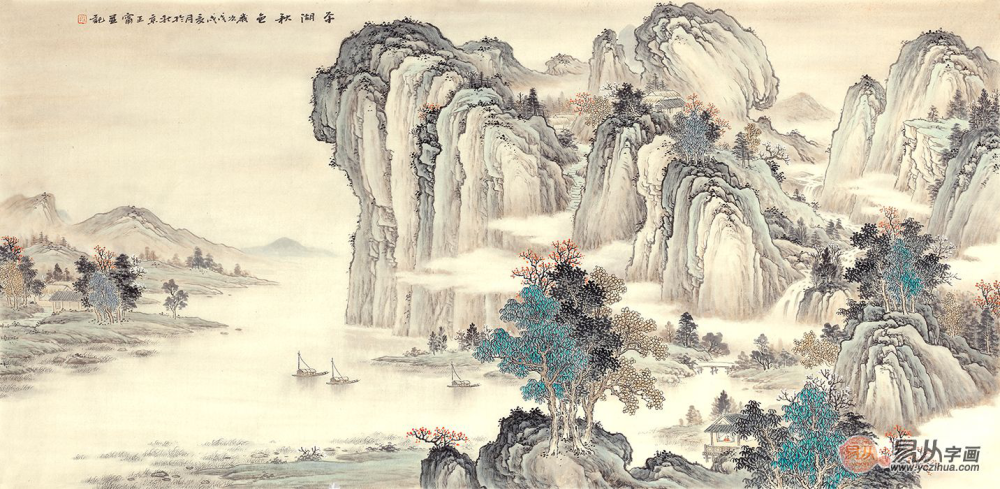 中美协画家王宁仿古山水画《平湖秋色》 作品来源:易从网