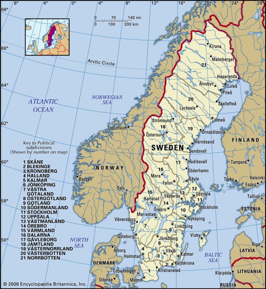 瑞典地图,britannica 瑞典是北欧最大的国家,拥有1000万左右人口