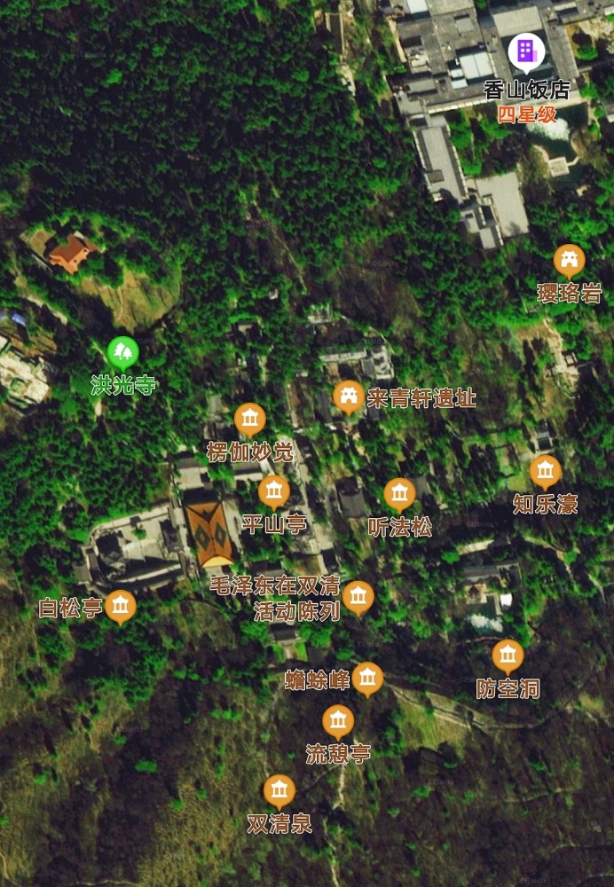 香山洪光寺遗址处周边卫星照片▲清代香山洪光寺图.