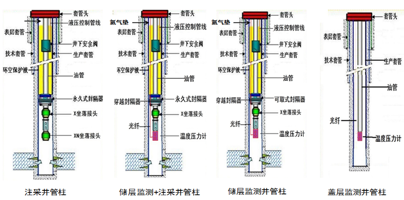 不同类型储气库井注采管柱示意图