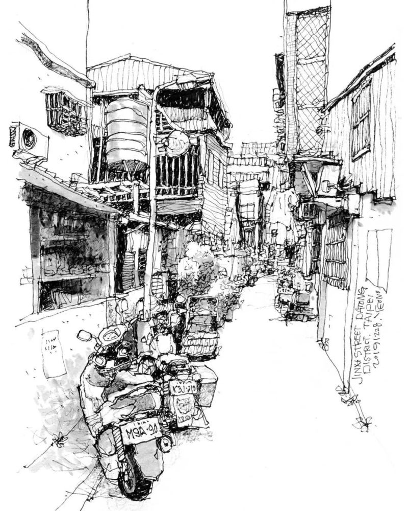 一组不错的钢笔画风景速写,街道小巷