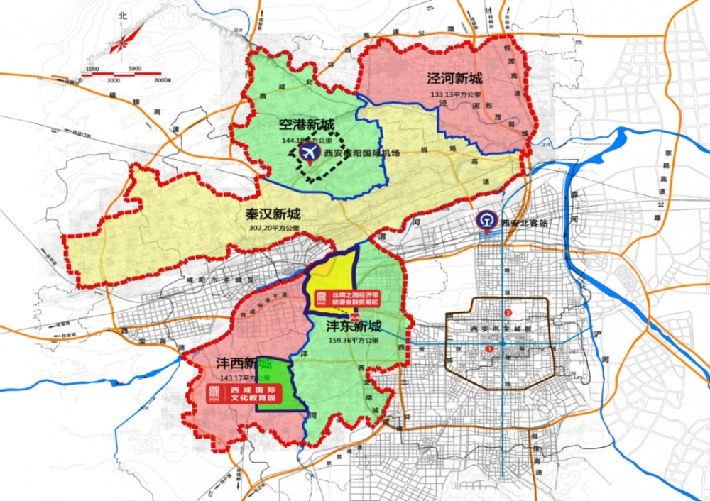 西咸新区整体规划是 "五城一轴一区",能源金融贸易区就属于一区,这也