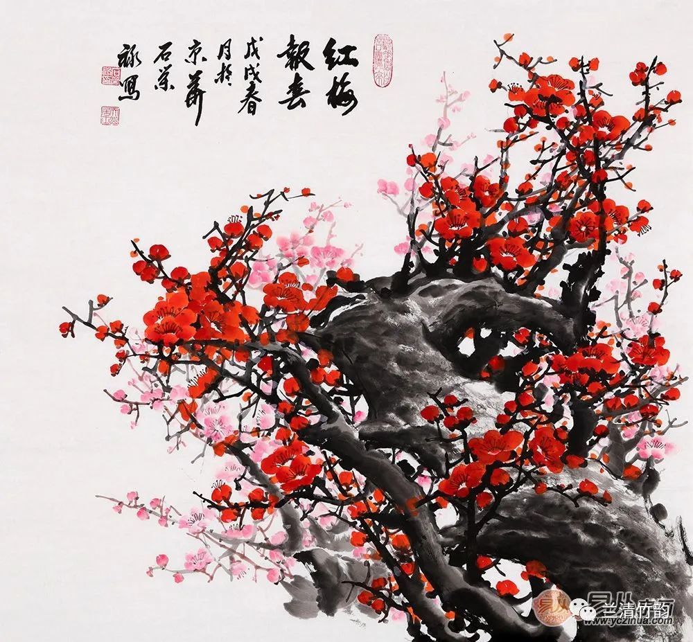 国画梅花:书画名家石荣禄最擅长画梅花,家庭装饰画手绘红梅图赏析