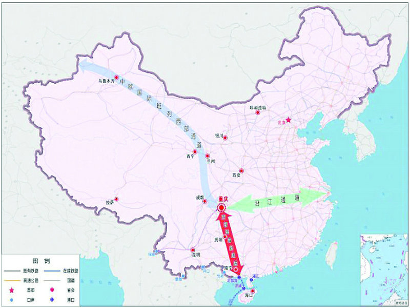 西部陆海新通道地理位置示意图(全国)