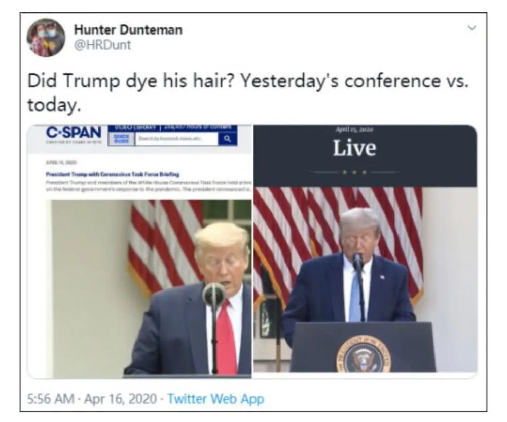 trumphair,teannatrump did trump dye his hair ?(dye /da/ v. 染色;染发) 特朗普染发了吗?