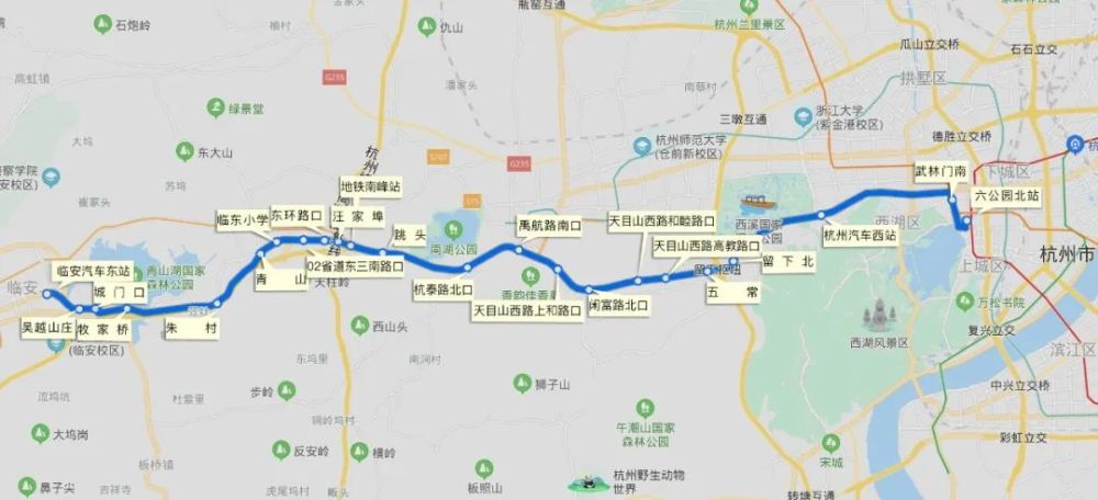 线路起终点:临安汽车东站至杭州六公园北