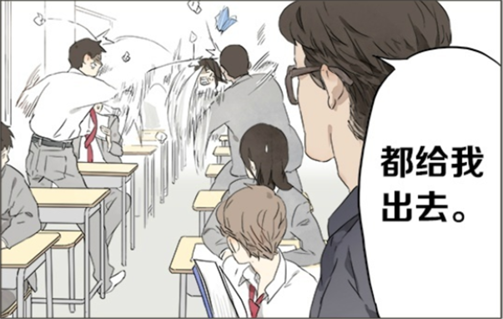 心漫画:卷毛课上和同学扔纸球,身后的孙瓃无辜中招,还被撵出教室罚站