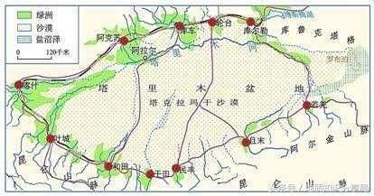 现代塔里木盆地绿洲分布图(古代绿洲的范围更大)