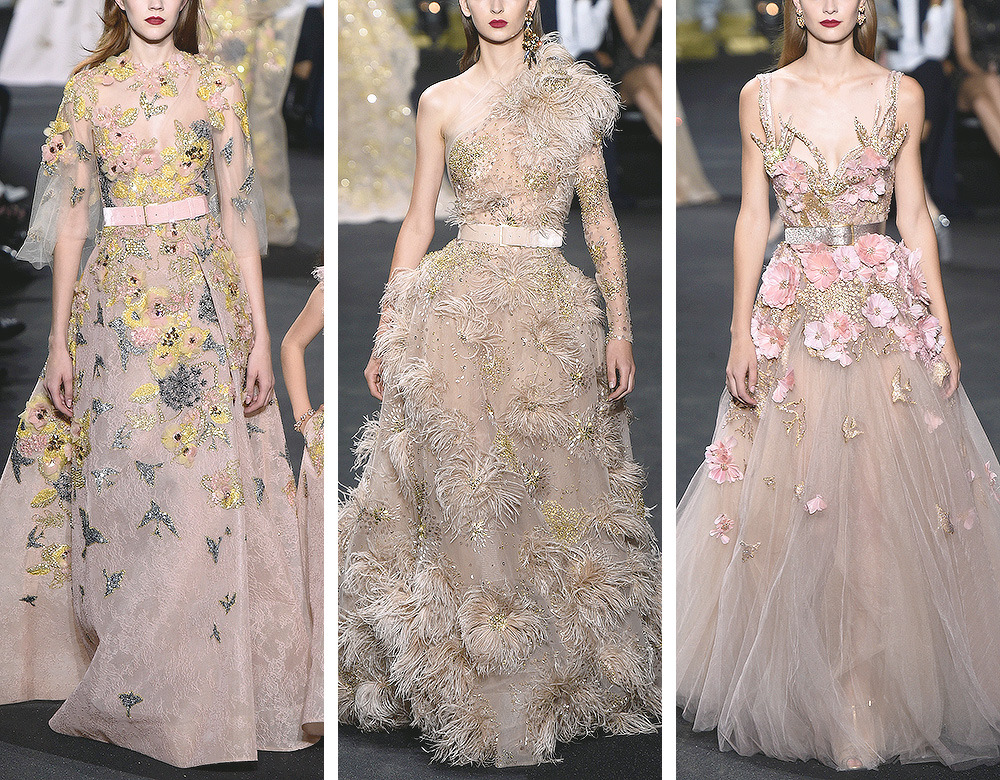 elie saab 2016高定礼服:华丽丝绒面料糅合薄纱,刺绣飞鸟