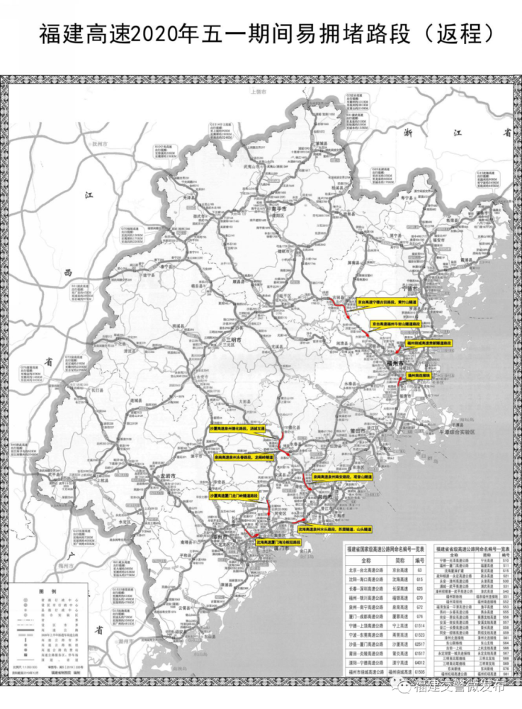 2020年五一节假期 福建省高速公路易拥堵路段(11个)