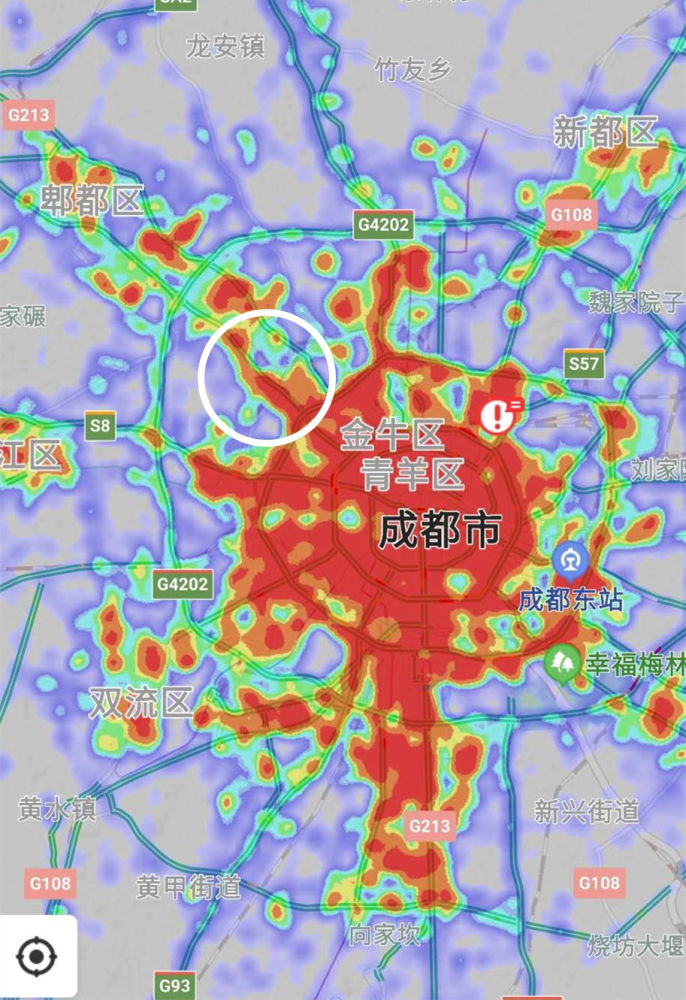 人气中心 下图是百度地图热力图,百度热力图计算城市里各区域的人口