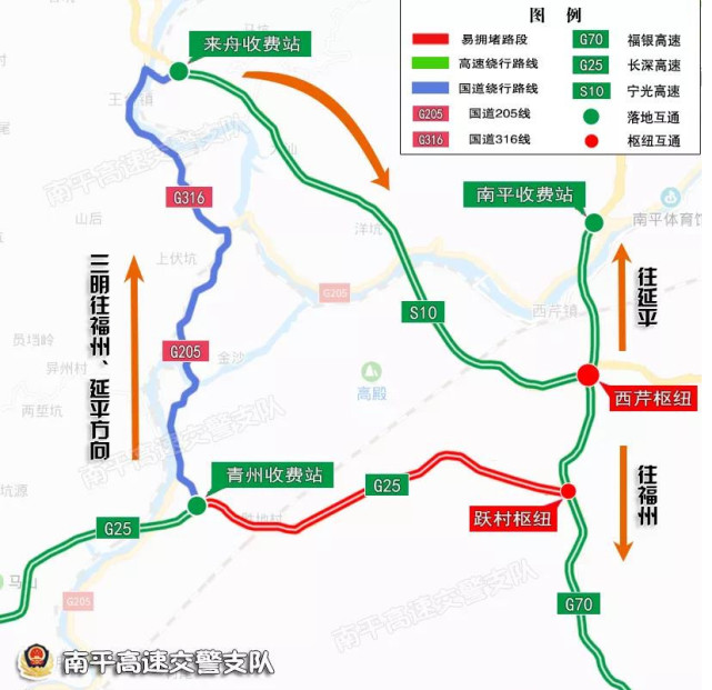 延平方向车辆可由青州收费站驶离高速,沿国道g205线转国道g316线,前往