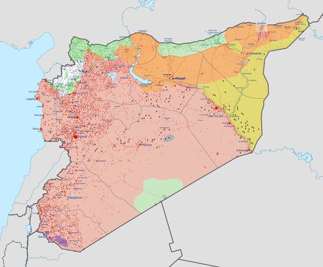 2020年叙利亚形势图,政府军(红色)在俄罗斯的帮助之下解放了全国大