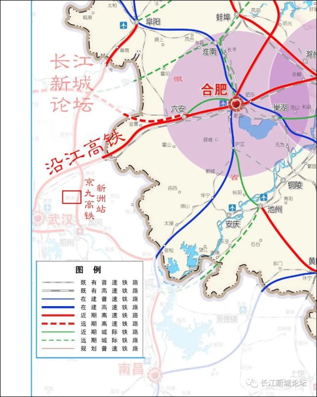 文中标示了近期将建设的高速铁路,包含 沿江高铁,京九高铁等线路