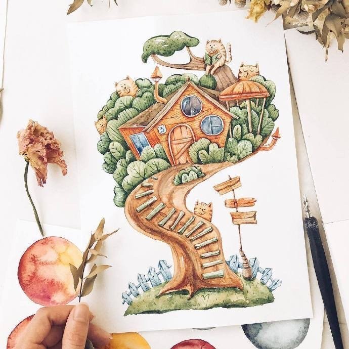 小清新水彩画:童话中的小房子,很有创意