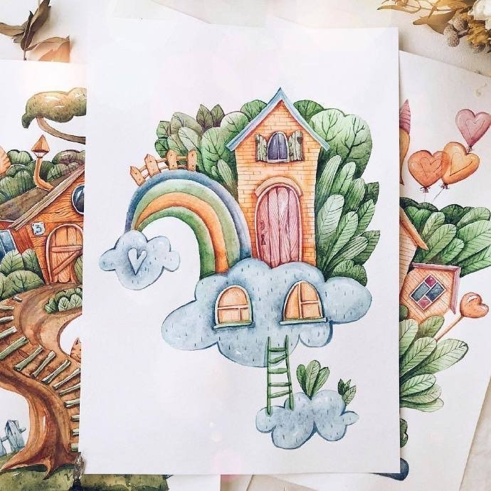 小清新水彩画:童话中的小房子,很有创意