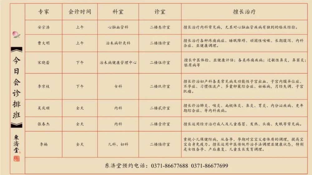 东济堂五一假期专家坐诊一览表!