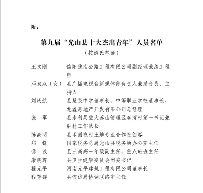 光山县第九届十大杰出青年人员名单公示