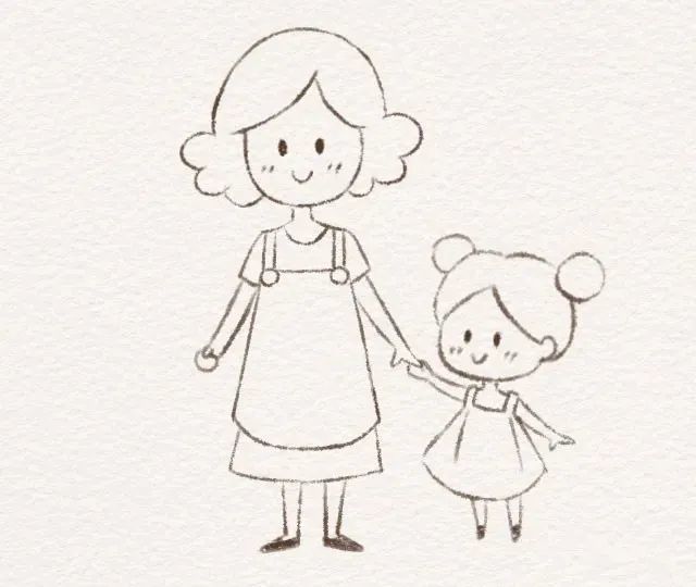 每天学一幅简笔画-带着孩子的围裙妈妈简笔画