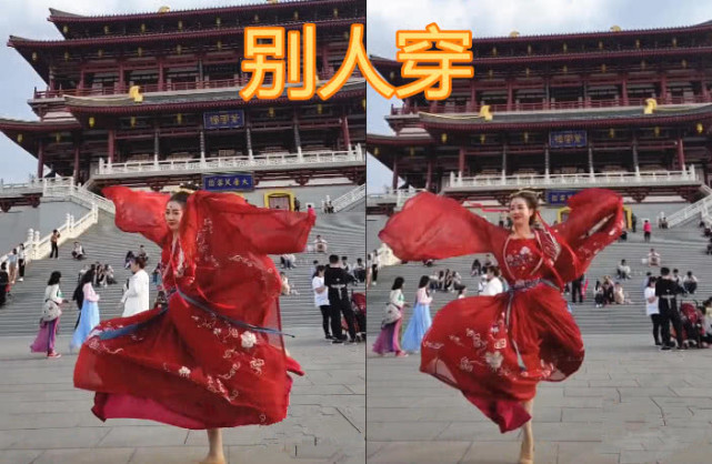 这位小姐穿着红色的汉服.飘飘的裙子也很漂亮.