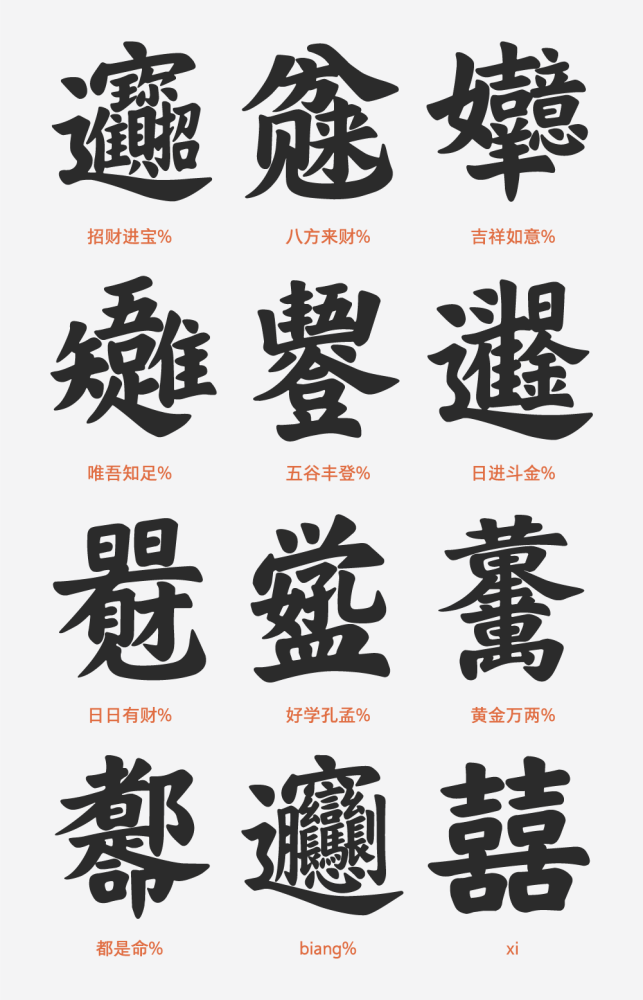 合体字"以及陕西特有的"biang"字,以及中国民间常用的喜庆汉字"囍"