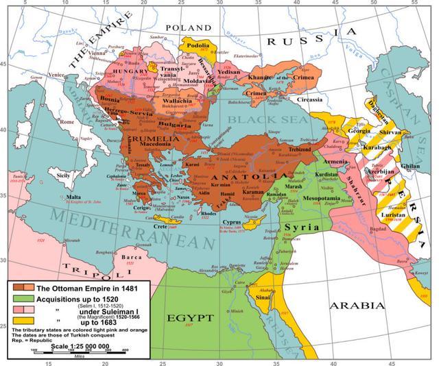 奥斯曼帝国的地图,显示其从1481年到1683年的扩张.