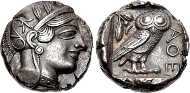 一枚古希腊时期的银币,银币正面的头像为雅典娜.图源:wikipedia