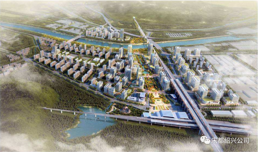 高铁新城项目位于嵊州新昌两地中心区,按照"一站引领,四区联动"功能