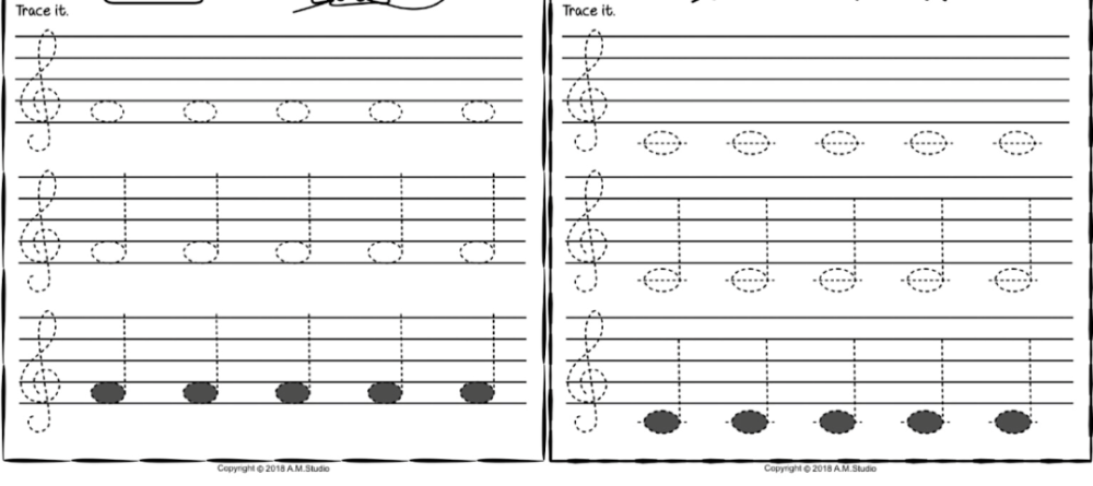这份资料里有 所有音符的书写示范,打印下来后还可以让孩子通过按书写