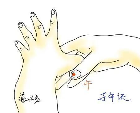 时,左,右两手的拇指分别搭在左右两手的"子"午"部位,故而为"子午诀"