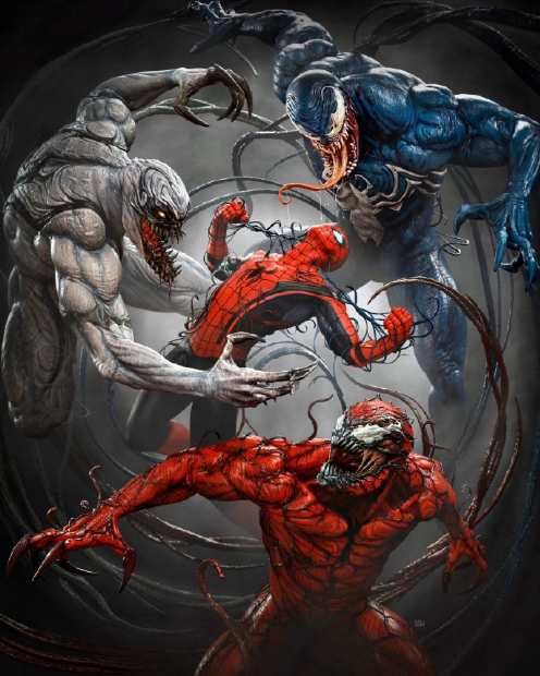 《毒液2》饭制概念海报,屠杀造型霸气,蜘蛛侠单挑屠杀