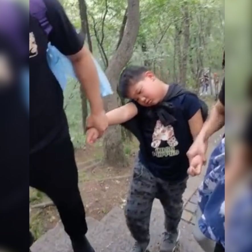 小男孩因太胖,爬山全靠两个大人"搀扶",网友:爬山时的我本人