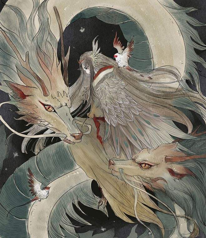 《山海经·海外东经》:"南方祝融,兽身人面,乘两龙."