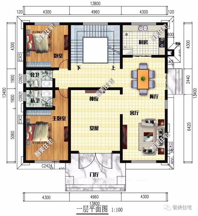 面宽尺寸均为13.8米的简欧别墅,客厅挑空,都带堂屋设计