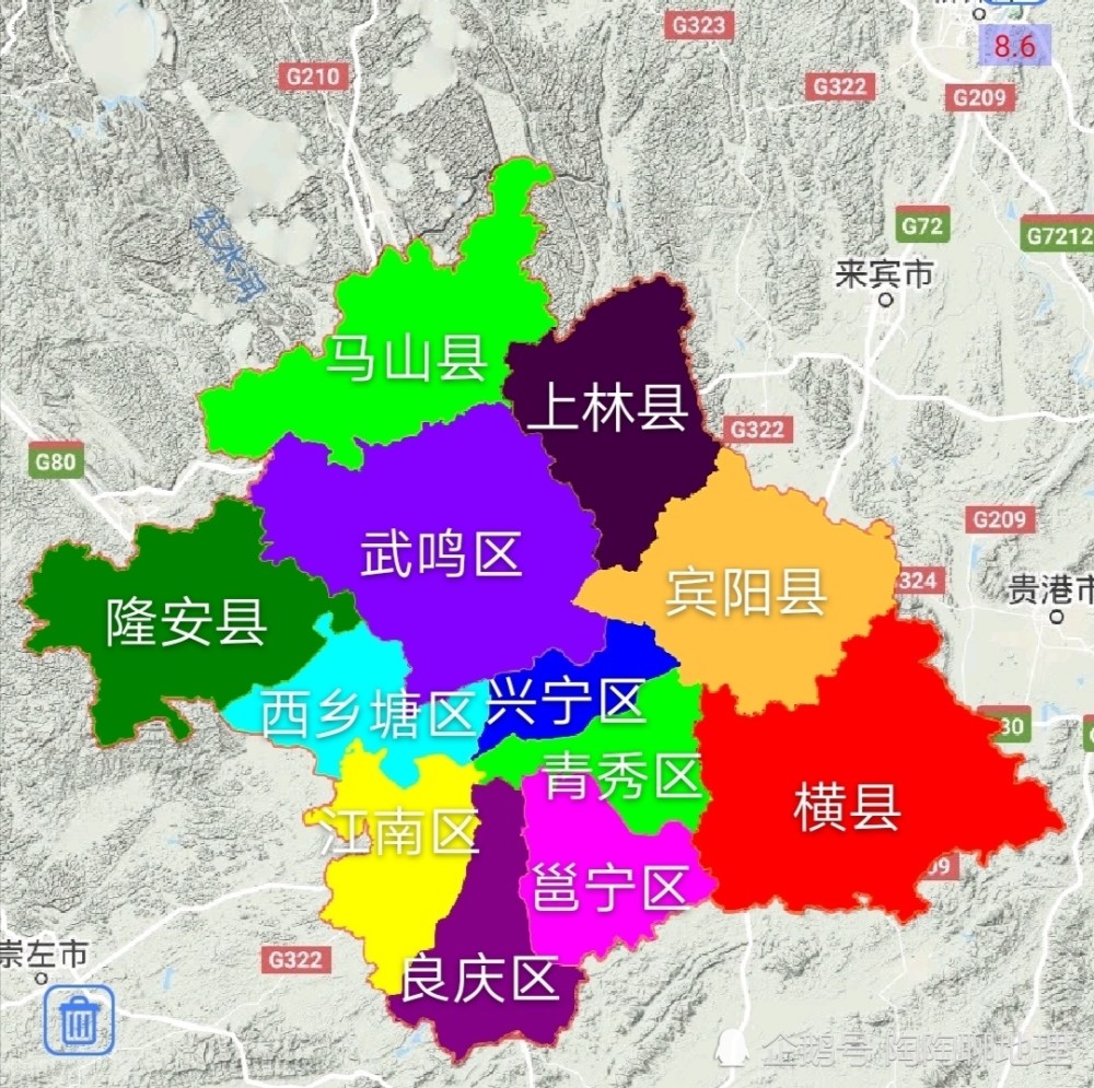 南宁市各区县分布图 市辖区 市辖区包括了七个区,即青秀区,兴宁区