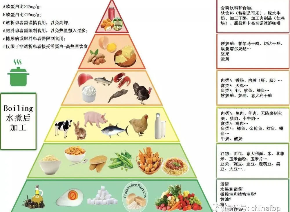 量的白蛋白但含磷量较低的肉类(如下图中的磷"金字塔"所示,塔底的水果